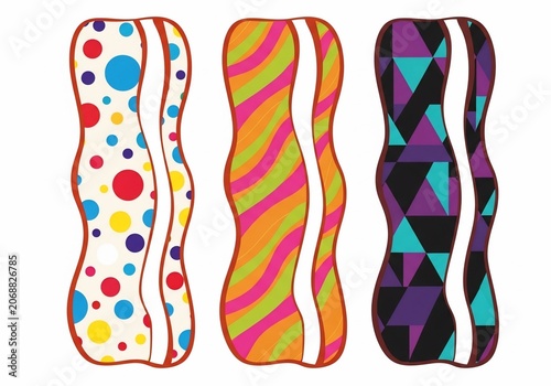 Three colorful abstract shapes with unique patterns and designs.