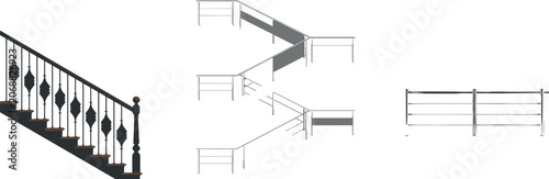 Fotografie Staircase and Handrail Vector Architectural Set Featuring Wooden Stairs with Wro