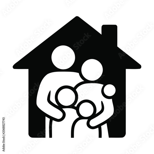 family standing in front of a house with a parent holding two children