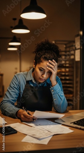 Stressed Business Owner Working Late in Her Cafe at Night.
