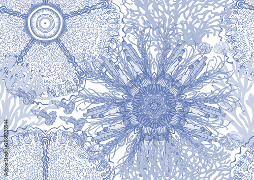 Colorful seamless marine pattern with corals, seahorses, fish, turtles, shells and sea plants, hand drawn vector illustration for wallpaper, textile, packaging and decorative print.