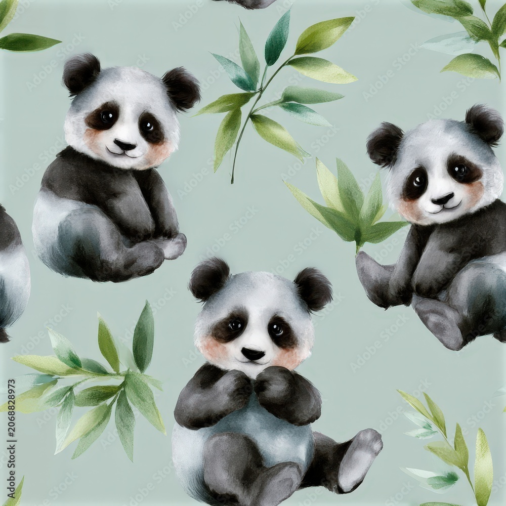 Obraz premium Cute panda pattern with tropical leaves, playful wildlife theme, nursery illustration, adorable animal design. SEAMLESS PATTERN