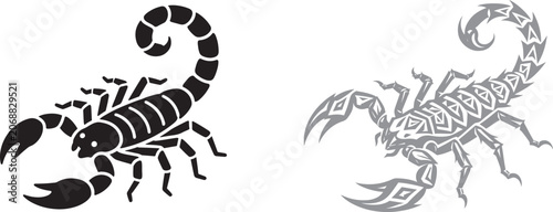 Canvas Print Scorpion vector graphic set with black silhouette stencil and grey tribal tattoo
