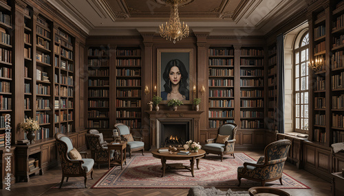 Library features dark wood bookshelves filled with many antique books and a large ornate chandelier.
