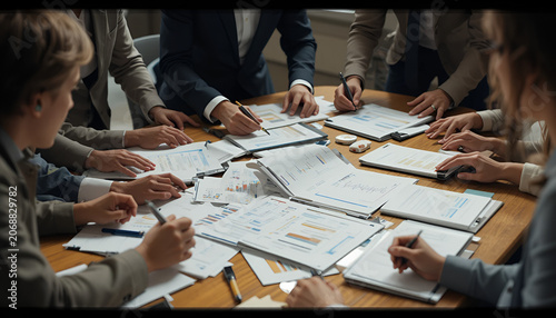 Colleagues hold a business meeting to review financial reports and documents on a large wooden table.