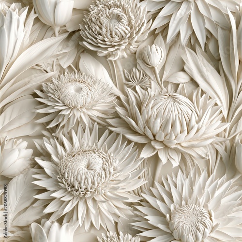 White floral relief ornament texture with elegant botanical details, luxury decorative background, classic interior design. SEAMLESS PATTERN