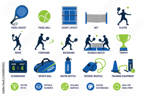 Padel sport vector icons equipment player actions trophy scoreboard training elements ideal for web and print