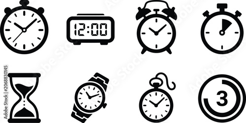 Obraz na plátně Collection of black and white timekeeping device icons set