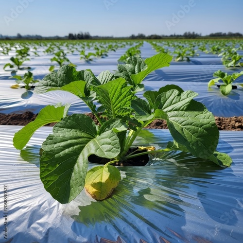 Field of young cabbage plants growing on plastic mulch.