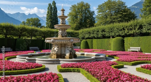 Exquisite Fountain Garden in Montreux, Switzerland - A Floral Paradise.
