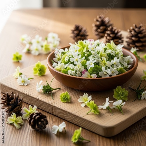 Floral arrangement with pine cones on wooden board, rustic charm.