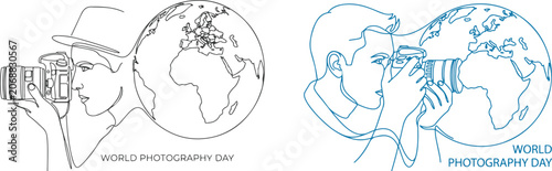 Foto Man and woman with cameras capturing the globe during World Photography Day vect