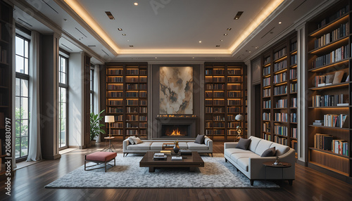 Living room provides a luxurious atmosphere with expansive library shelves and a roaring fireplace.