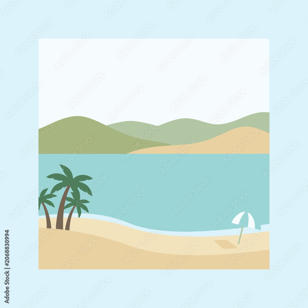 Fototapeta premium A peaceful tropical beach with palm trees and hills