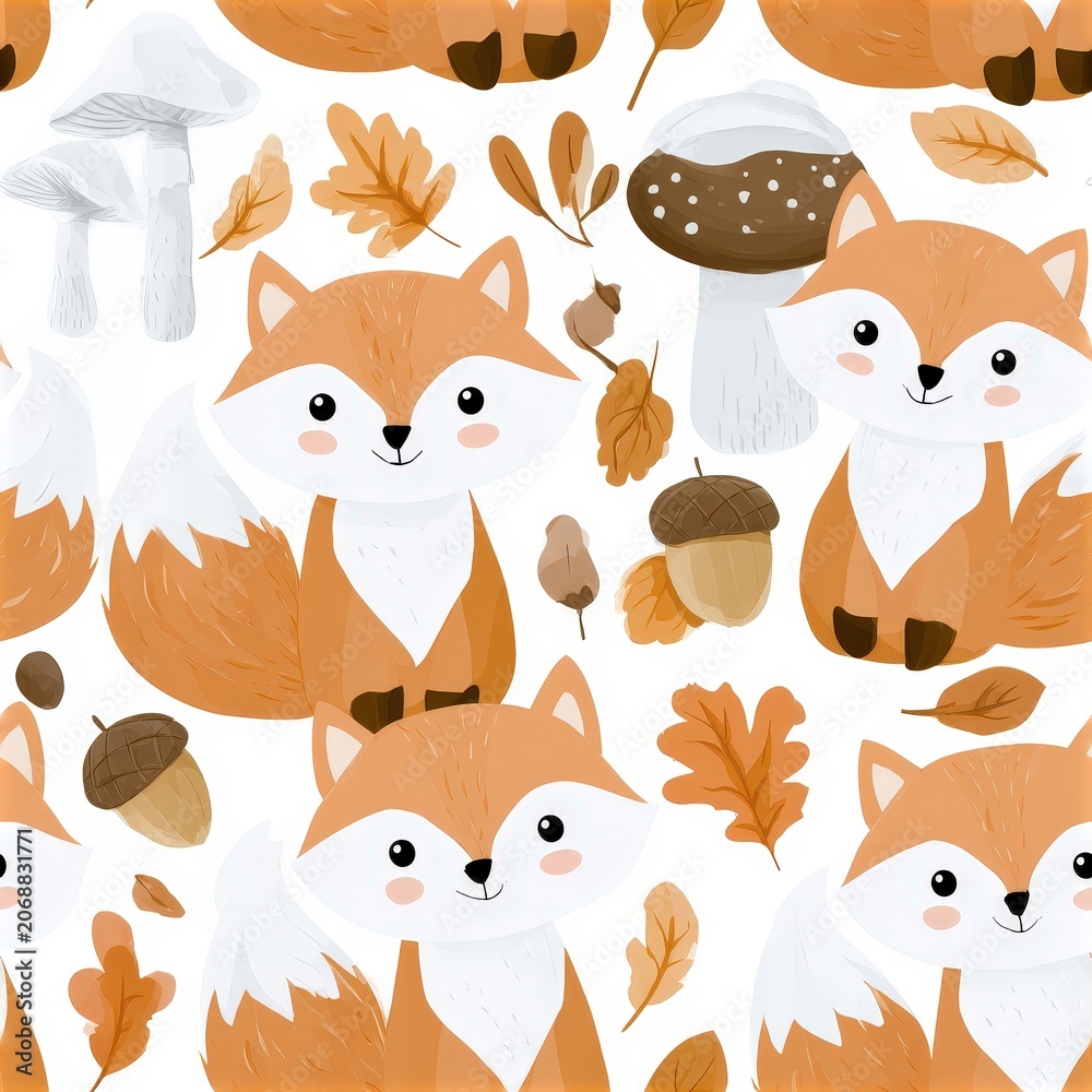 Fototapeta premium Cute fox pattern with mushrooms and autumn leaves, woodland theme, playful nursery illustration, charming animal design. SEAMLESS PATTERN