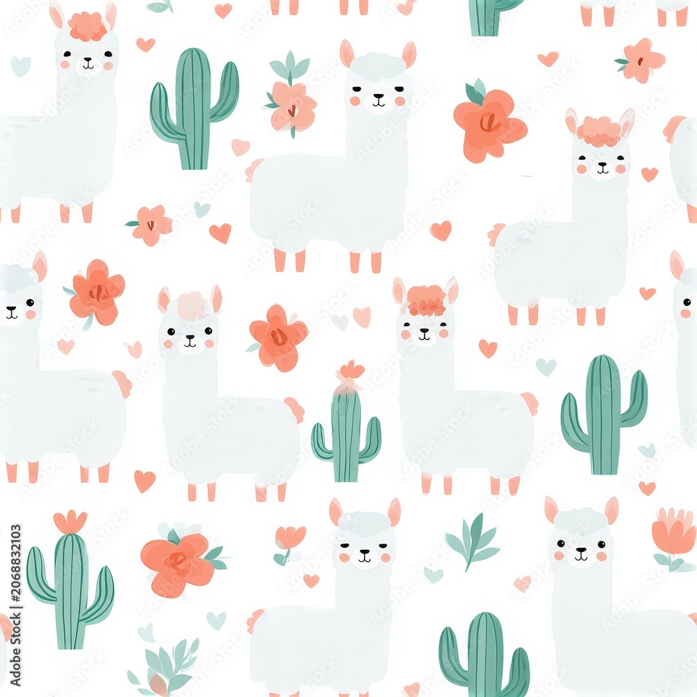 Fototapeta premium Cute llama and cactus pattern in soft pastel tones, playful nursery theme, whimsical animal illustration. SEAMLESS PATTERN