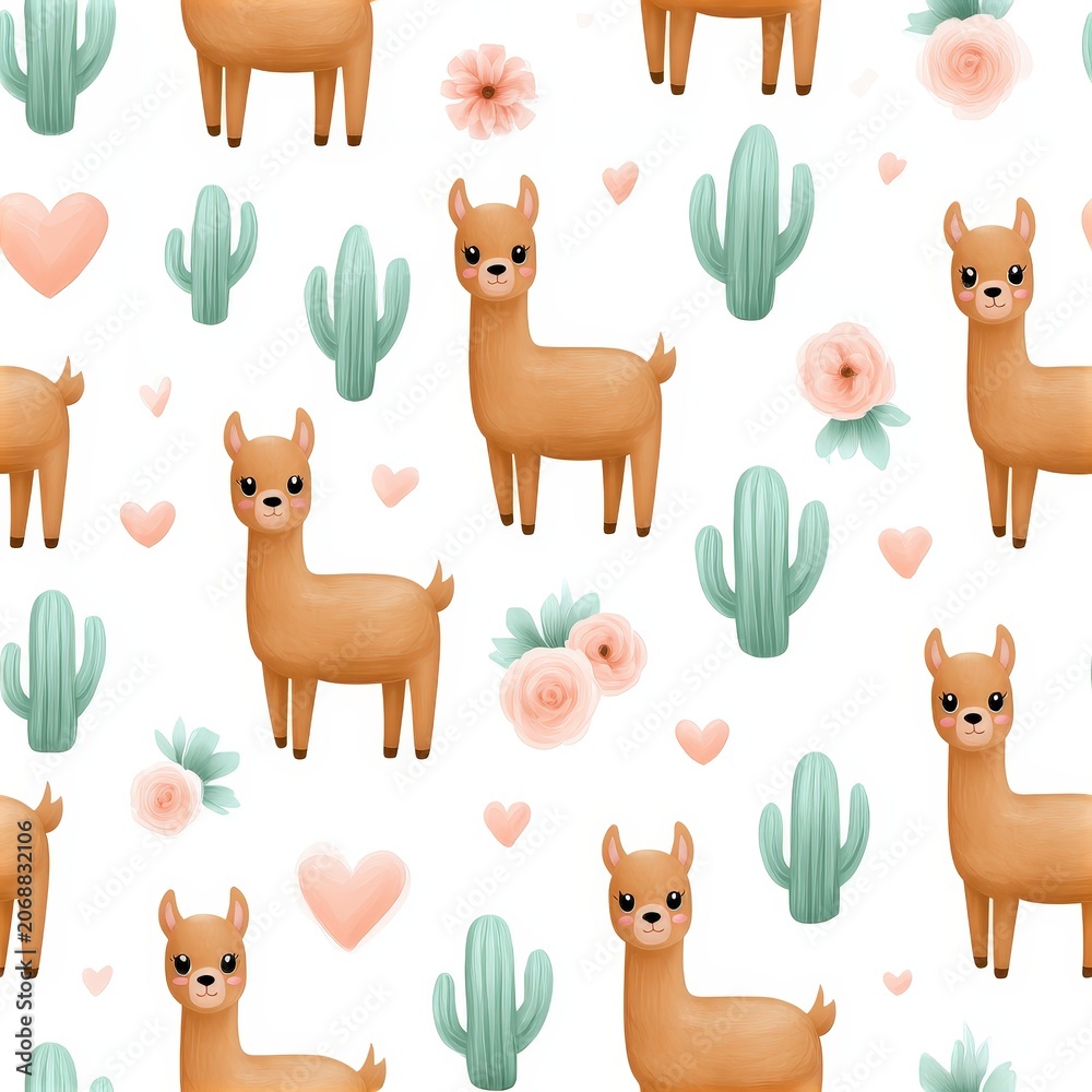 Fototapeta premium Cute llama pattern with cacti and pastel accents, playful desert theme, nursery illustration, child friendly design. SEAMLESS PATTERN