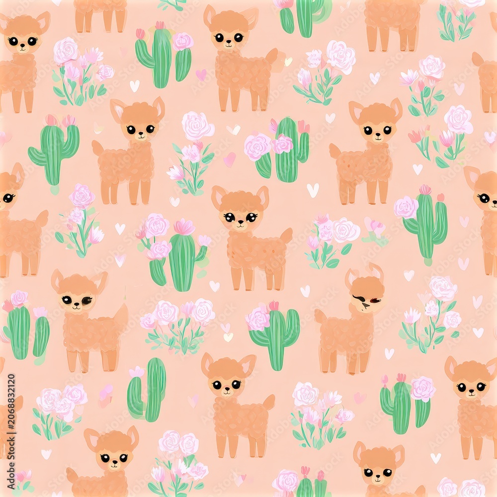 Fototapeta premium Cute llama pattern with cacti and pastel accents, playful desert theme, nursery illustration, child friendly design. SEAMLESS PATTERN