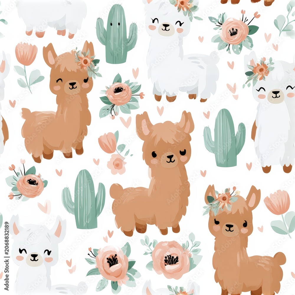 Fototapeta premium Cute llama and cactus pattern in soft pastel tones, playful nursery theme, whimsical animal illustration. SEAMLESS PATTERN