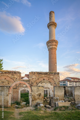Ruins of Ottoman Mosque with Standing Minaret at Golden Hour -Prilep, North Macedonia