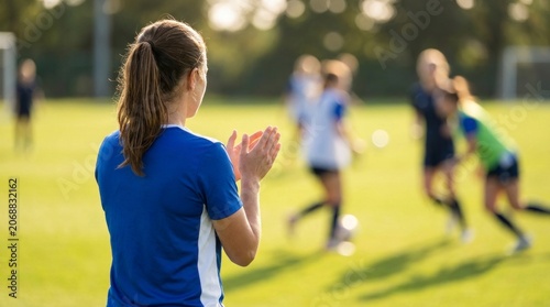 Woman football trainer applauding team on sunlit field with professional bokeh and sharp focus for athletic club promotion