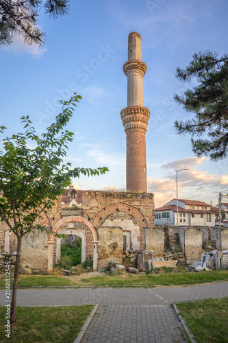 Ruins of Ottoman Mosque with Standing Minaret at Golden Hour -Prilep, North Macedonia