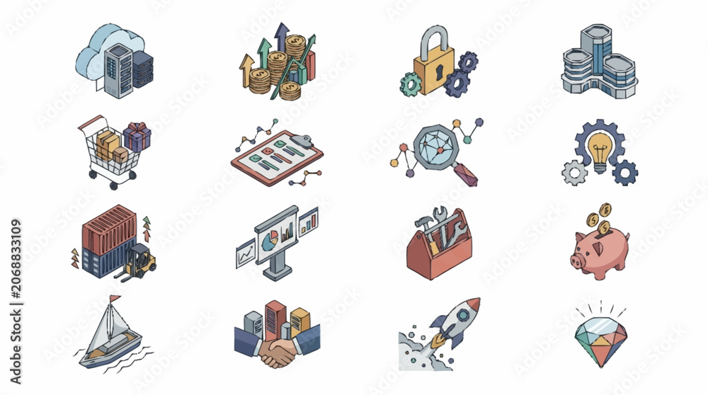 Fototapeta premium Colorful Isometric Business and Technology Icons Collection.