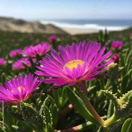 Vibrant purple ice plant flowers blooming near the beach on a sunny day.