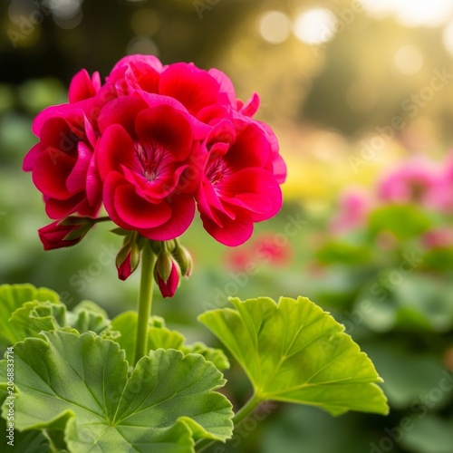 Vibrant Red Geranium Blossoms in a Lush Garden Setting.