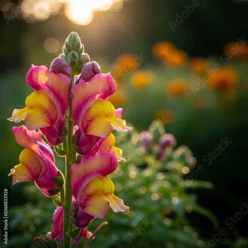 Vibrant snapdragon flower in the golden hour light of a garden.