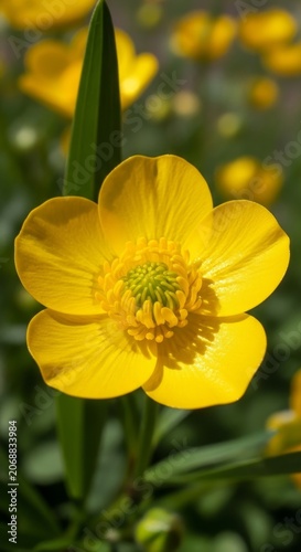Vibrant Yellow Buttercup Flower in Full Bloom with Green Stem.