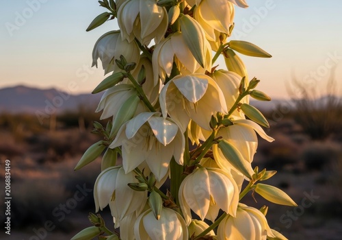 Yucca flower in full bloom against a desert sunset backdrop.