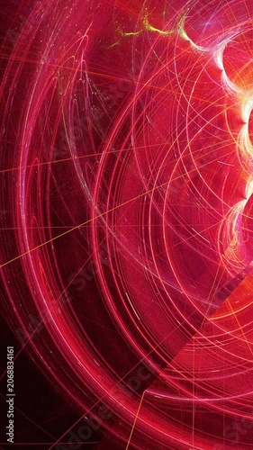 Vertical Abstract Red Fractal Energy Background. Glowing Laser Light Curves and Swirling Fibers Animation. Dynamic Futuristic High-Tech Motion Graphic Loop