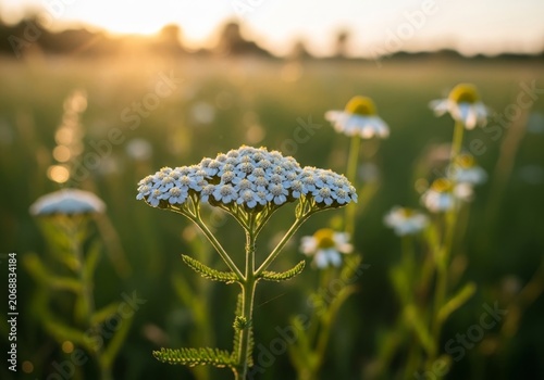 White Yarrow Flowers in a Meadow at Sunset.