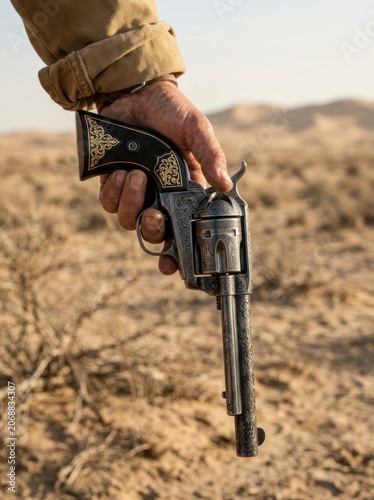 Person holding an engraved revolver in a desert landscape, western style.