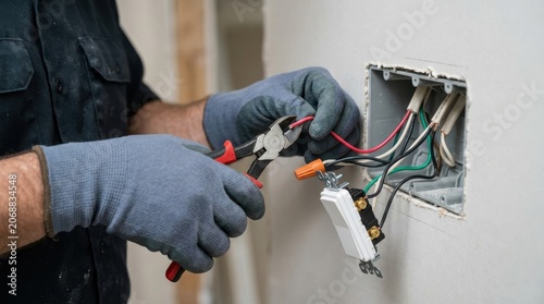 An electrician cuts and connects electrical wires while installing a switch during electrical work. The scene highlights careful cable handling and proper installation procedures to ensure safe.