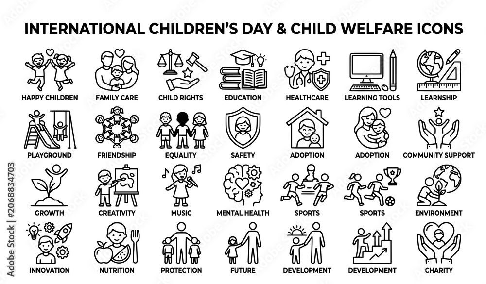 Fototapeta premium Creative International Children's Day outline vector icon set with child rights and parenthood symbols