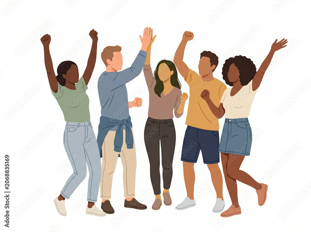 Fototapeta premium diverse group of happy friends cheering and celebrating success outdoors on a clean white background 