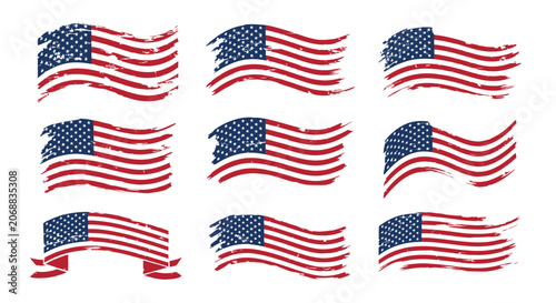 Bild auf Leinwand Vintage American flag vector set, distressed USA flags with grunge texture, 9 wa