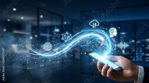 Futuristic digital technology concept with smartphone, glowing blue light trails emerging from mobile phone, artificial intelligence and cloud computing icons