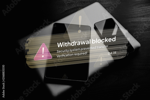 Withdrawal blocked alert on smartphone screen showing suspicious banking transfer and verification request. Financial fraud detection, mobile banking security and cybercrime prevention concept.