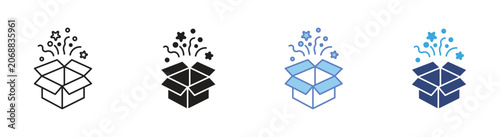 Fotografía Open box with stars icon set, Surprise and celebration symbols, Gift unboxing ve