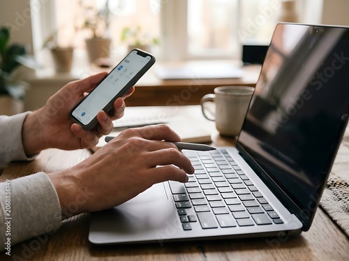 Business professional using smartphone and laptop in office.