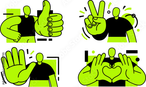 Modern flat vector character set with giant hand gestures, neon green and black people icons showing thumbs up, peace sign, stop hand and heart shape