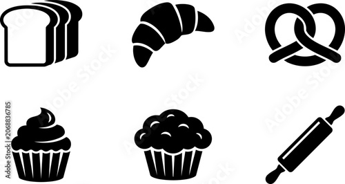 Bakery and baking food silhouette icons set