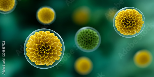Colorful microscopic view of spherical cells with intricate patterns and vibrant textures in focus