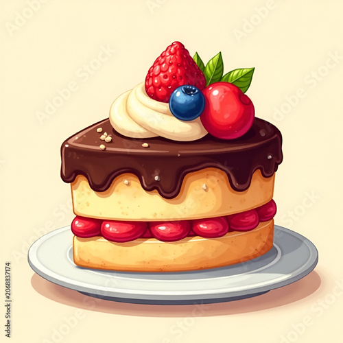 Delicious cake with chocolate frosting, fresh berries, and cream on a decorative plate