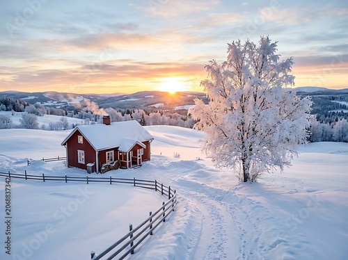 Winter Cabin at Sunrise in Snowy Landscape.