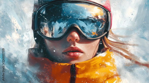 Young woman in ski gear with goggles, ready for winter sports in snowy mountain landscape