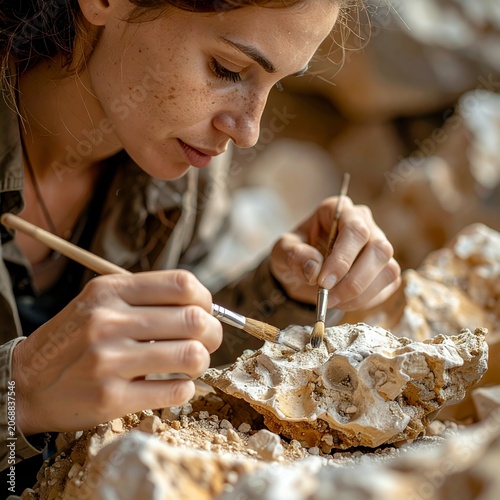 Archaeologist carefully excavating ancient fossil with brushes and tools.